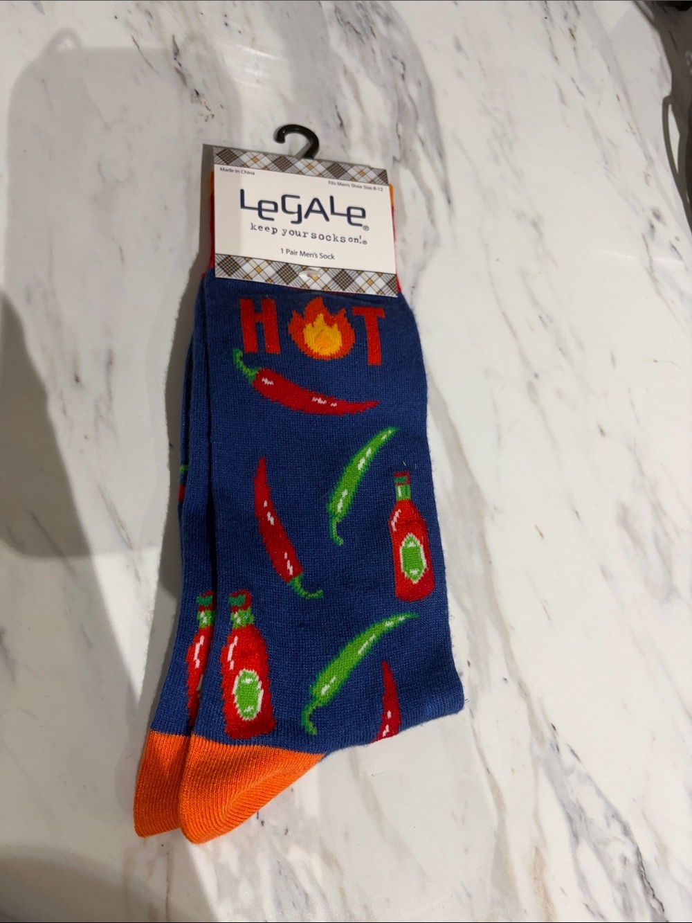 LeGale Men's Blue Chili Pepper Crew Socks with Orange Accents